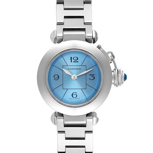 The image shows a Pasha model by Cartier from a frontal angle, revealing its blue dial and metal bracelet.