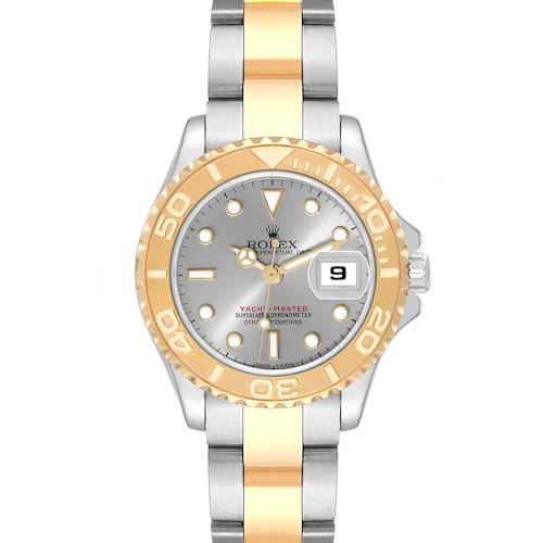 The image shows a Rolex Yacht-Master watch from a top-down angle, highlighting its dial, bezel, and bracelet.