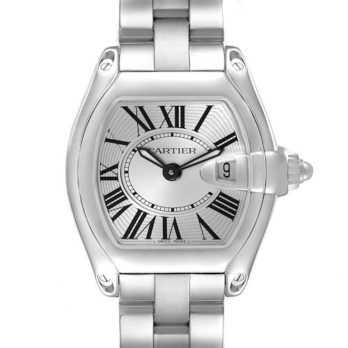 The Cartier Roadster watch is shown from the front, displaying its face, Roman numerals, and metal bracelet.