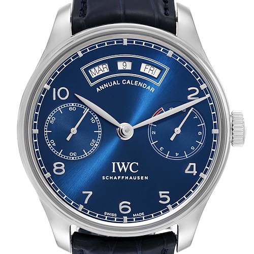 The image shows a front view of the IWC Portuguese model watch, displaying its annual calendar and dial features.