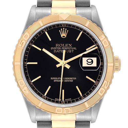 The image shows a front view of a Rolex Turn-o-Graph watch, displaying the face, bezel, and part of the bracelet.