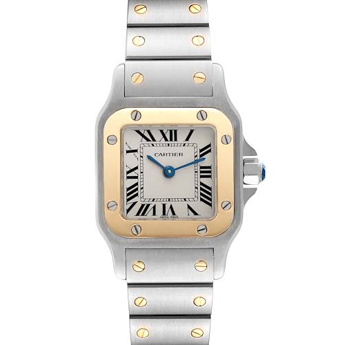 The image shows a front view of a Santos model by Cartier, highlighting the watch face, bezel, and part of the bracelet.