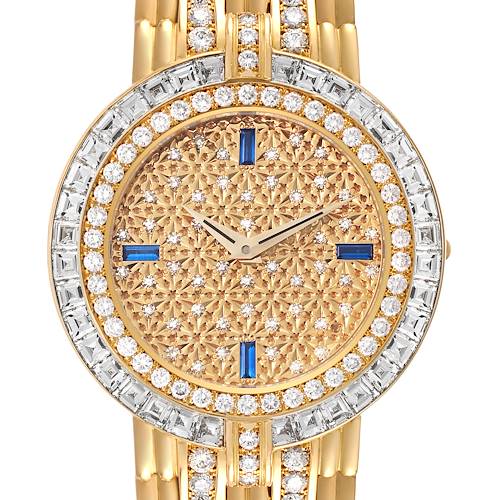 The image shows the front view of a Patek Philippe Calatrava watch, highlighting its ornate dial and encrusted bezel.