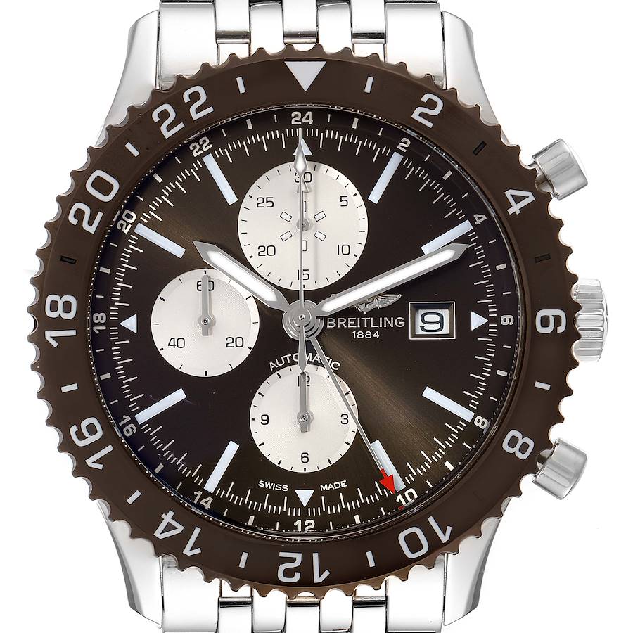 The Breitling Chronoliner watch is shown from a front angle, displaying its dial, bezel, and bracelet.