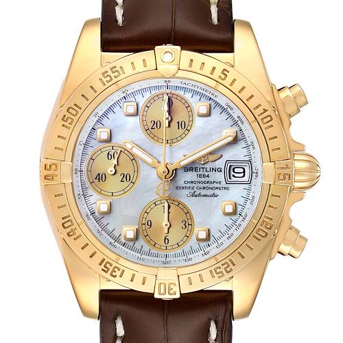 This image shows a Breitling Windrider watch from a front angle, highlighting the face, dials, and crown.