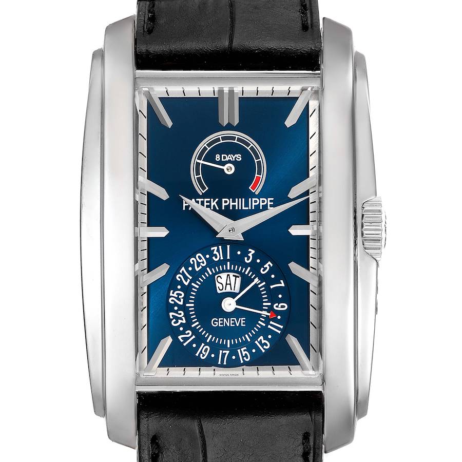 This image shows a frontal view of the Patek Philippe Gondolo watch, highlighting its blue dial, power reserve indicator, and sub-dial.