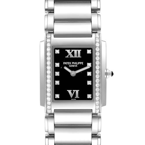 The Patek Philippe Twenty-4 watch is shown from the front, highlighting the dial, case, and bracelet with diamond accents.