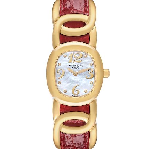 The Patek Philippe Golden Ellipse watch is shown from a top-down angle, highlighting its face and red strap.