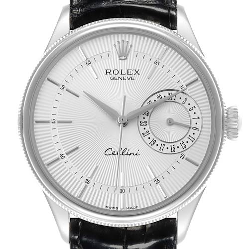The Rolex Cellini watch is shown from a front angle, highlighting its dial, brand logo, and the crown on the side.
