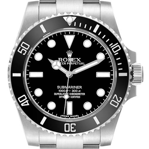 The Rolex Submariner watch is shown from the front, displaying its face, bezel, and part of the bracelet.