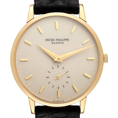 This image shows a frontal view of the Patek Philippe Calatrava watch, displaying its dial, hands, and case.