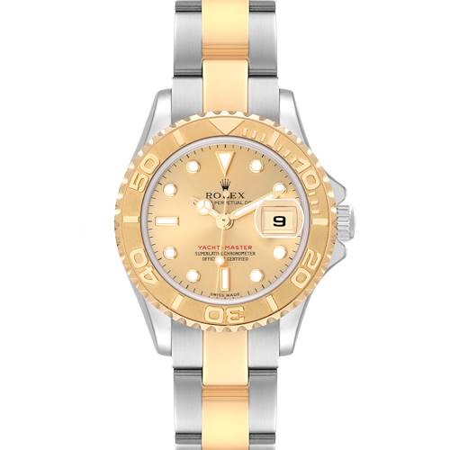The image shows a front view of the Rolex Yacht-Master watch, highlighting its gold dial, bezel, and two-tone bracelet.