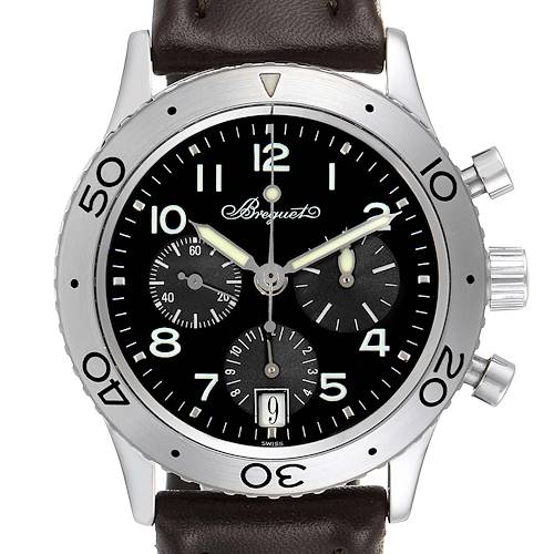 The image shows a front view of a Breguet Type XX - XXI - XXII watch, displaying its black dial, sub-dials, and date window.