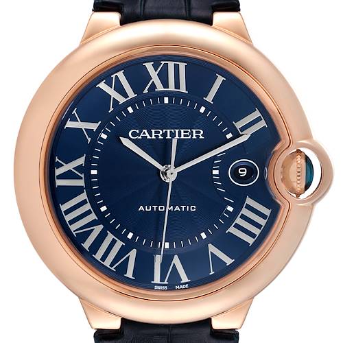 The image shows a close-up of the dial and bezel of the Cartier Ballon Bleu model watch.