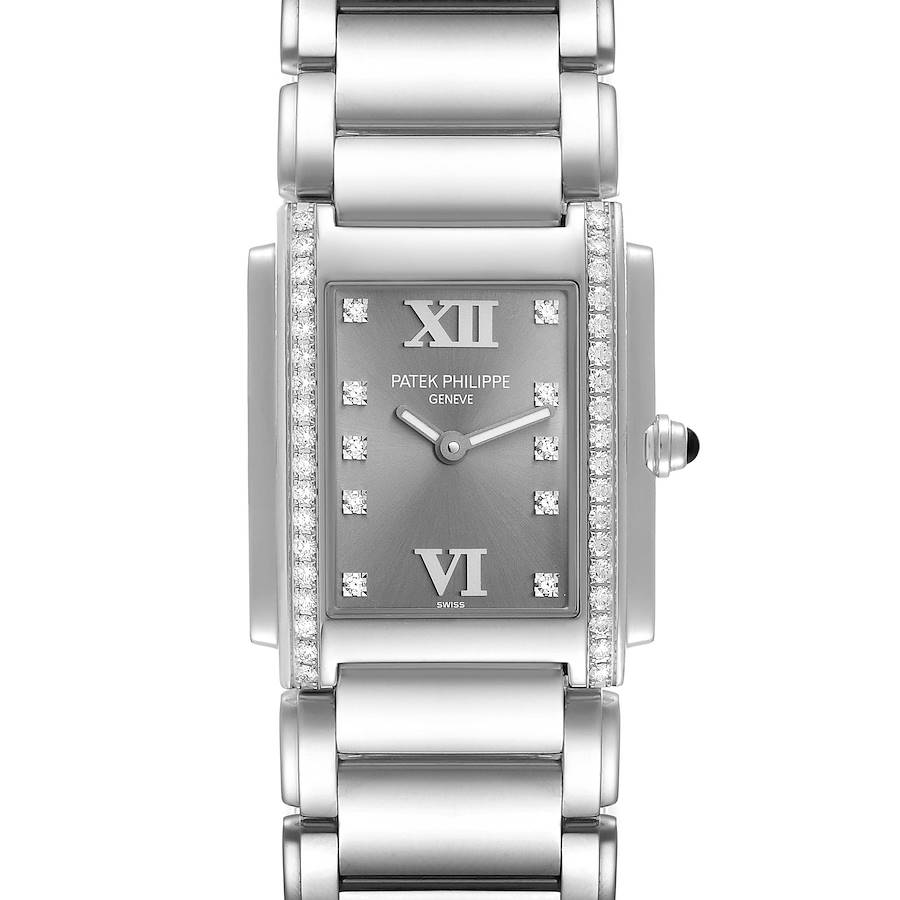 The image shows a frontal view of the Patek Philippe Twenty-4 watch, highlighting its face, bezel, and bracelet.