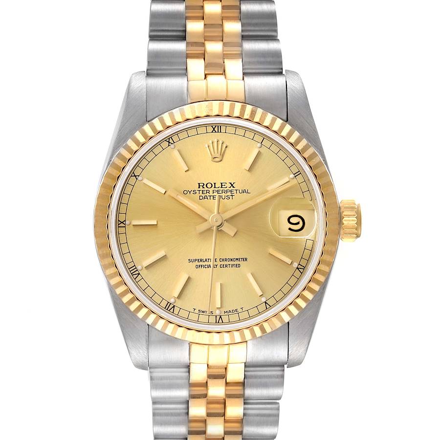The image shows a frontal view of a Rolex Mid-Size Oyster Perpetual Datejust watch, featuring a gold dial, fluted bezel, and two-tone bracelet.