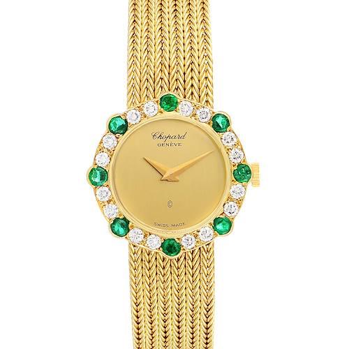 This image shows a front view of the Chopard 4057 18K Yellow Gold Diamond Emerald Vintage Cocktail Ladies Watch.