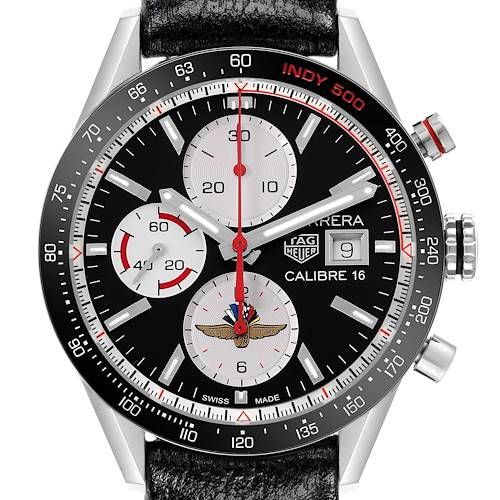 The image shows a Tag Heuer Carrera watch face from a front angle, displaying the dial, subdials, and bezel details.