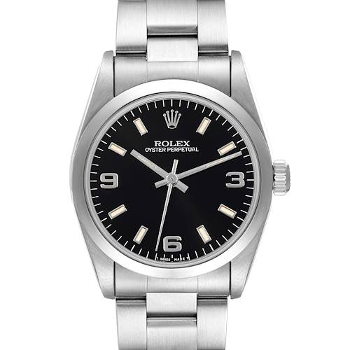 The Rolex Mid-Size model is shown from a top view, highlighting the black dial, silver markers, and metal bracelet.