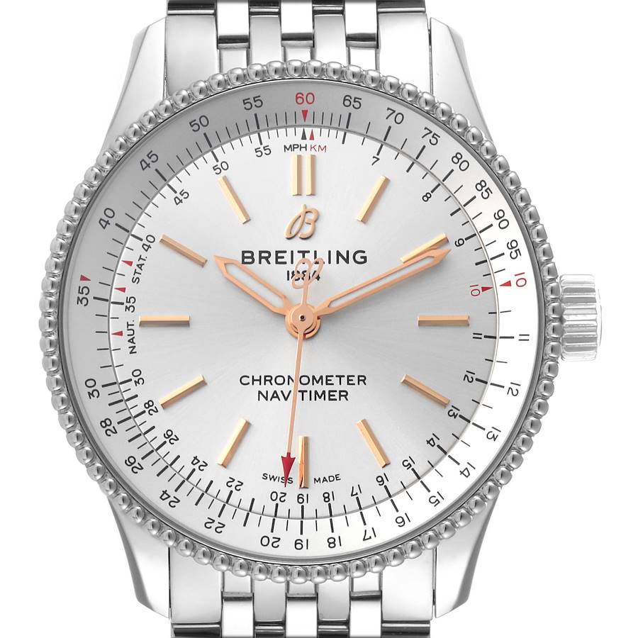 The image shows a front view of the Breitling Navitimer Automatic 35 Silver Dial Steel Ladies Watch A17395 model.