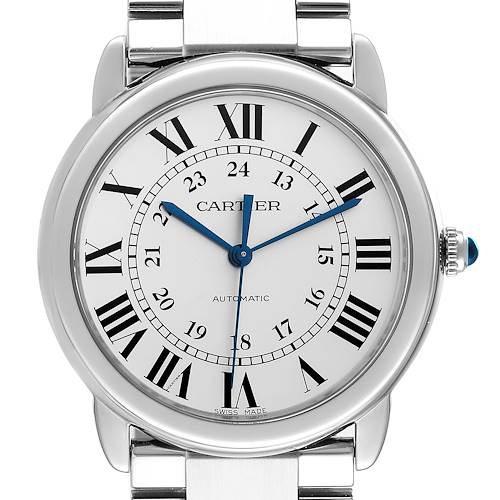 The image shows a close-up frontal view of a Cartier Ronde watch, displaying its dial, hands, and part of its bracelet.