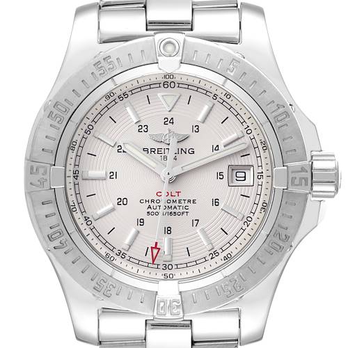 This image shows a front view of the Breitling Colt watch, highlighting its dial, bezel, hands, and date window.