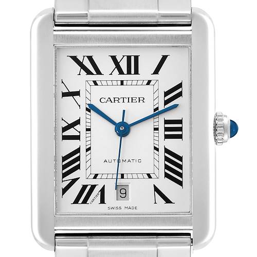 The Cartier Tank Solo watch is shown front-on, highlighting the dial, blue hands, Roman numerals, and date window.