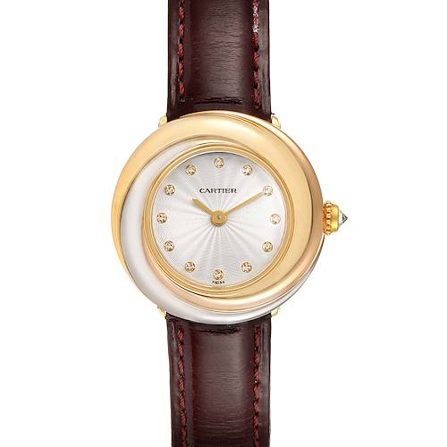 The image shows a frontal view of the Cartier Trinity model watch, including its dial, bezel, and strap.