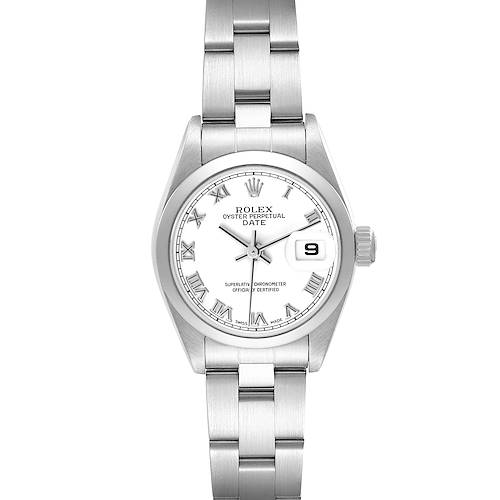 The image shows a Rolex Date model watch from a front view, highlighting its face, bezel, and metal bracelet.