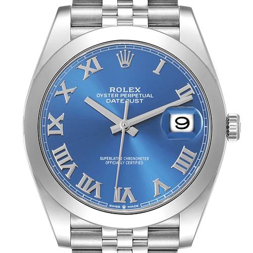 The image shows a front view of the Rolex Datejust 41, highlighting the blue dial, Roman numerals, and cyclops lens over the date.