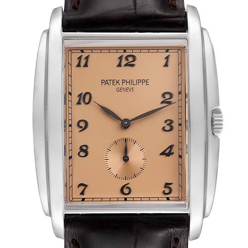 The image shows a close-up, front-facing view of the Patek Philippe Gondolo model watch featuring its dial and case.