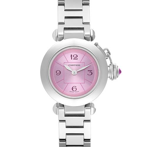 The Cartier Pasha watch is shown from a front angle, displaying its pink dial, silver case, and bracelet.