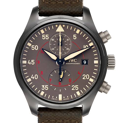 The image shows a close-up frontal view of the IWC Pilot watch, highlighting its dial, hands, subdials, date window, and crown.
