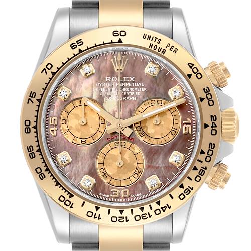The image shows a frontal view of the Rolex Daytona watch, highlighting its dial, bezel, and pushers.