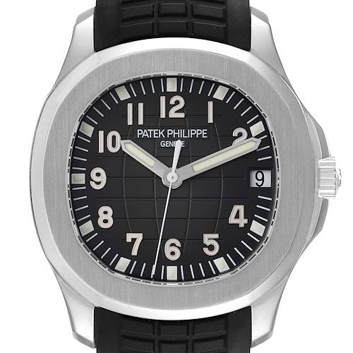 This image shows a front view of the Patek Philippe Aquanaut watch, featuring the dial, hands, date display, and part of the band.