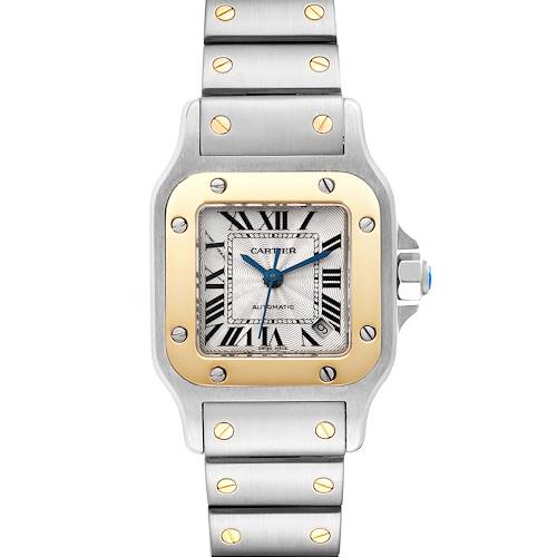 The image shows a frontal view of a Cartier Santos watch, displaying its dial, bezel, and bracelet.