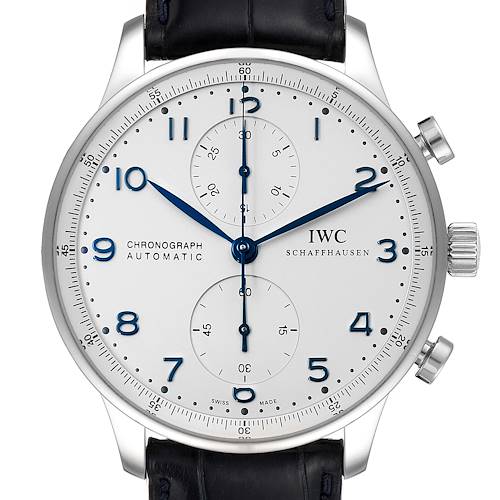 The image shows a front view of the IWC Portuguese Chronograph Automatic watch with its dial, hands, subdials, and strap visible.