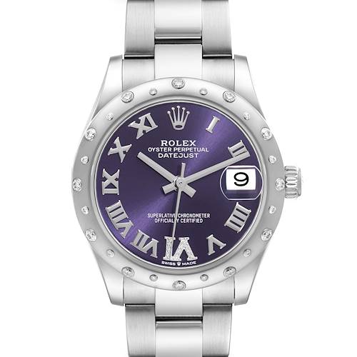 The Rolex Mid-Size Datejust watch is shown from the front, highlighting its face, dial, bezel, and part of the bracelet.