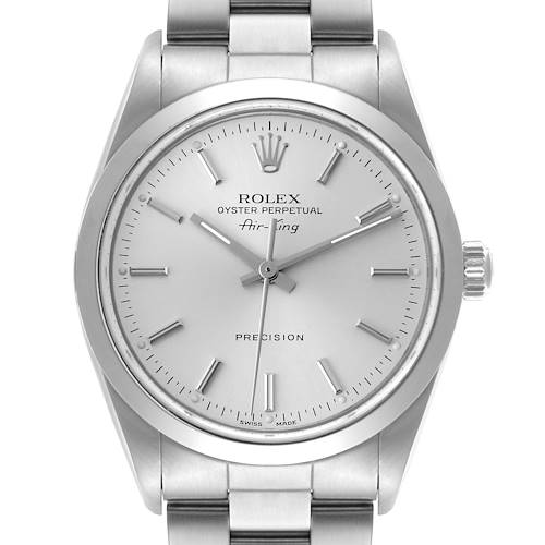 The Rolex Air-King watch is shown from a front angle, highlighting its dial, case, and bracelet.