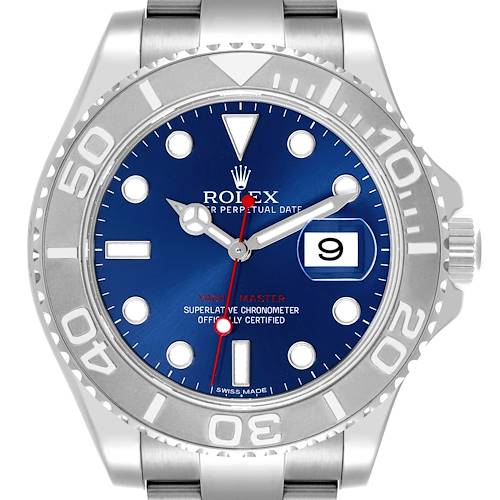 The image shows a front view of the Rolex Yacht-Master watch, highlighting its blue dial, date, and bezel.
