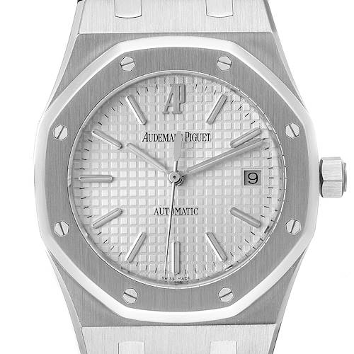 The image shows a front view of the Audemars Piguet Royal Oak watch, displaying its dial, hands, date window, and octagonal bezel.
