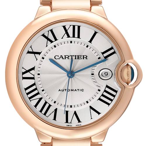 The Cartier Ballon Bleu watch is shown from the front, displaying its dial, crown, and Roman numerals.