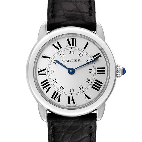 The image shows a frontal view of the Cartier Ronde watch, displaying its dial, Roman numeral markers, hands, and crown.