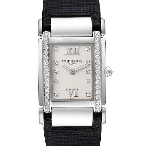 The image shows a front view of the Twenty-4 model by Patek Philippe, highlighting its rectangular face and diamond accents.