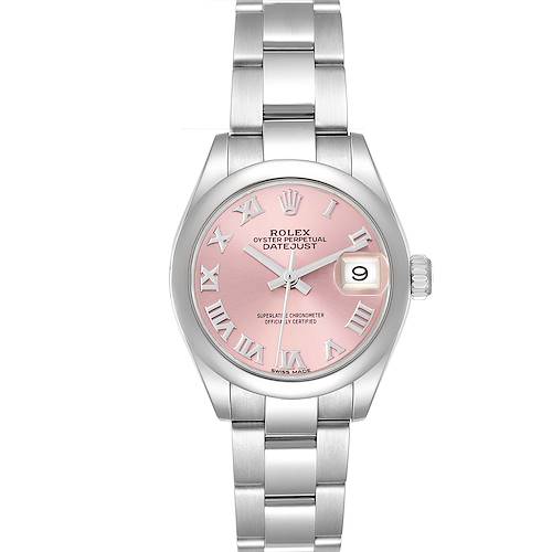 The Rolex Datejust watch is shown from a front angle, highlighting its pink dial, Roman numerals, and date window.