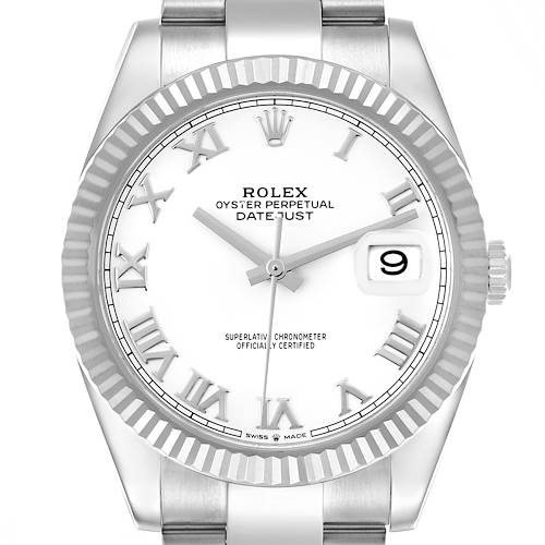 The image shows a front view of the Rolex Datejust 41, displaying its dial, bezel, hands, and crown.