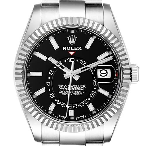 The image shows the front view of a Rolex Sky-Dweller watch featuring a black dial, date display, and fluted bezel.