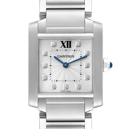 This image shows a close-up front view of the Cartier Tank Francaise watch, highlighting its face, dial, hands, and part of the bracelet.