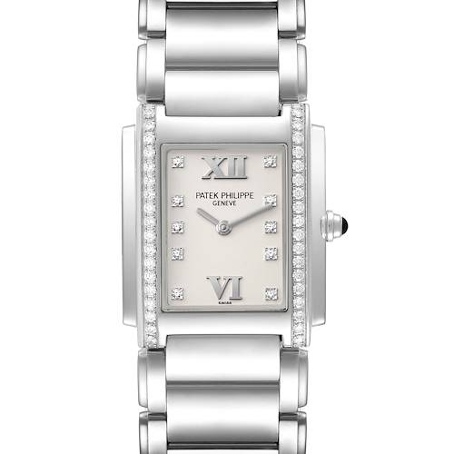 This image shows a head-on view of the Patek Philippe Twenty-4 watch, highlighting the face, bezel, and bracelet.