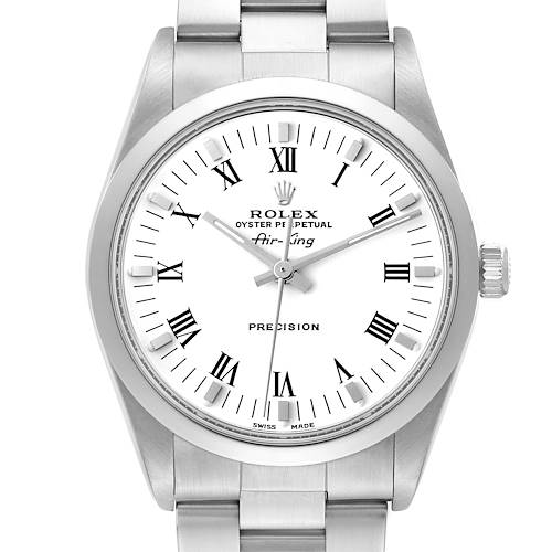 The Rolex Air-King watch is shown from a frontal angle, highlighting the dial, bezel, and bracelet.